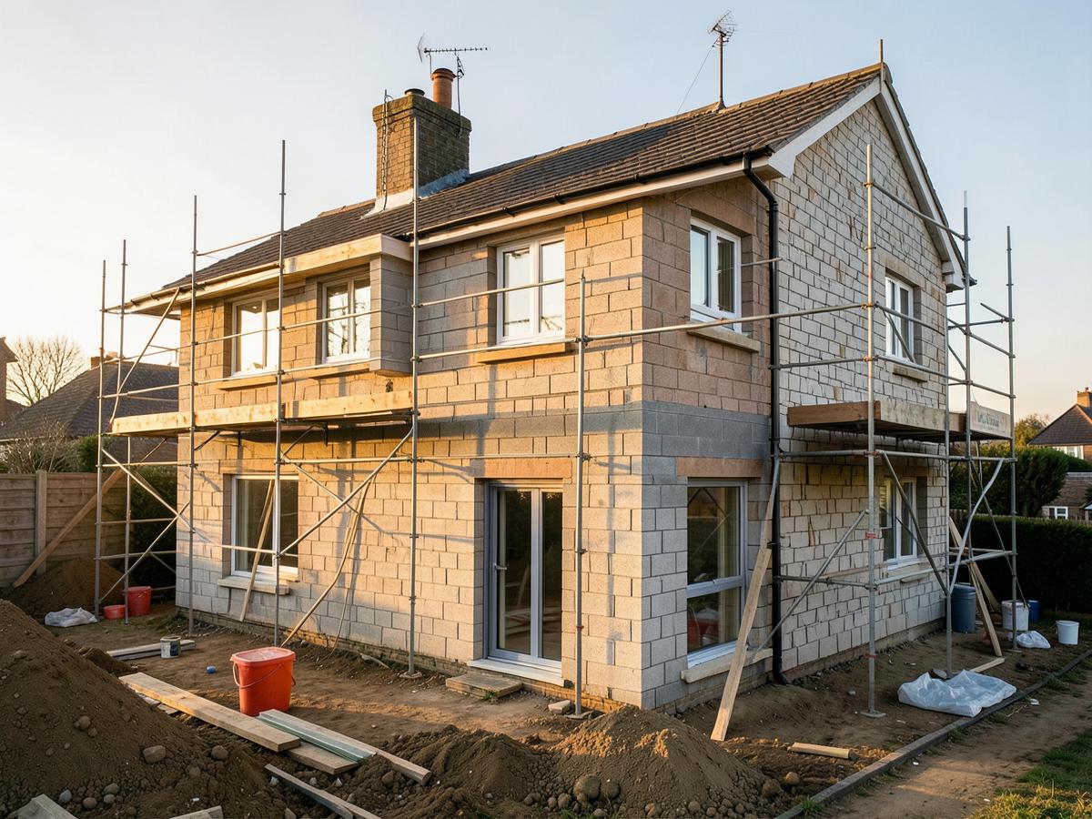 A house extension under construction with scaffolding