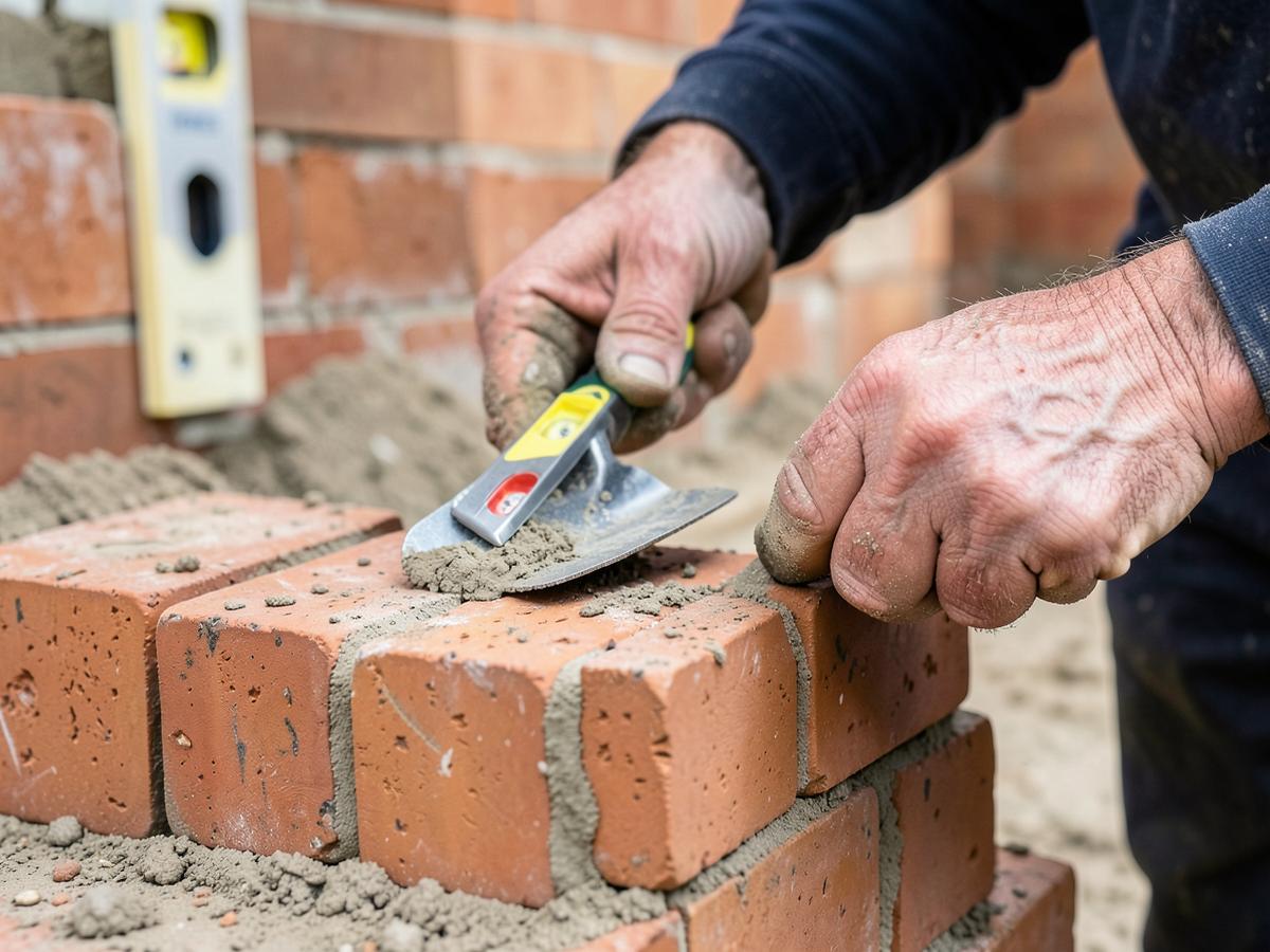 A bricklayer laying bricks with a trowel