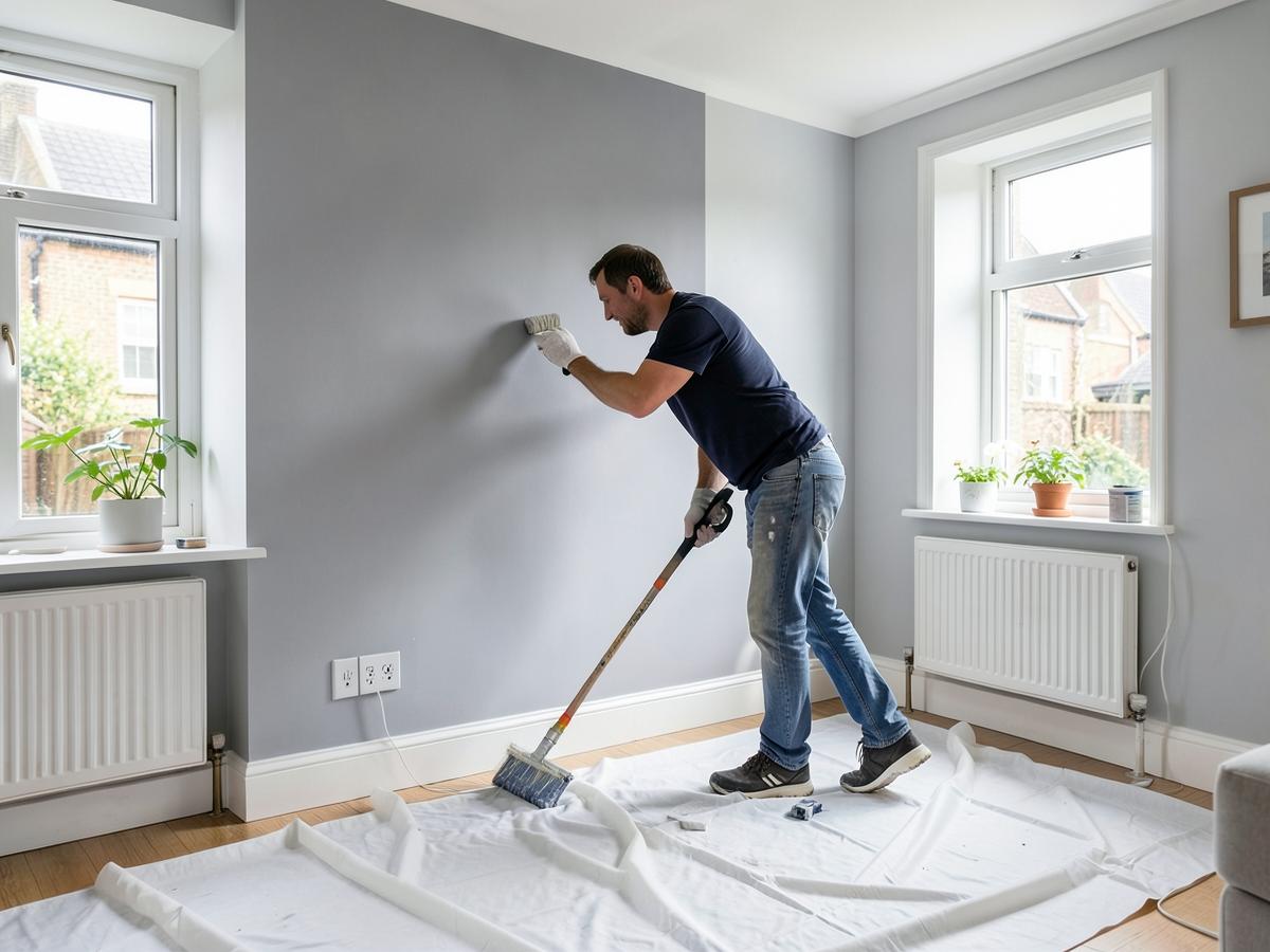 A decorator painting a living room wall grey