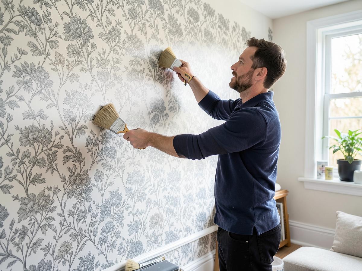 A decorator hanging patterned wallpaper