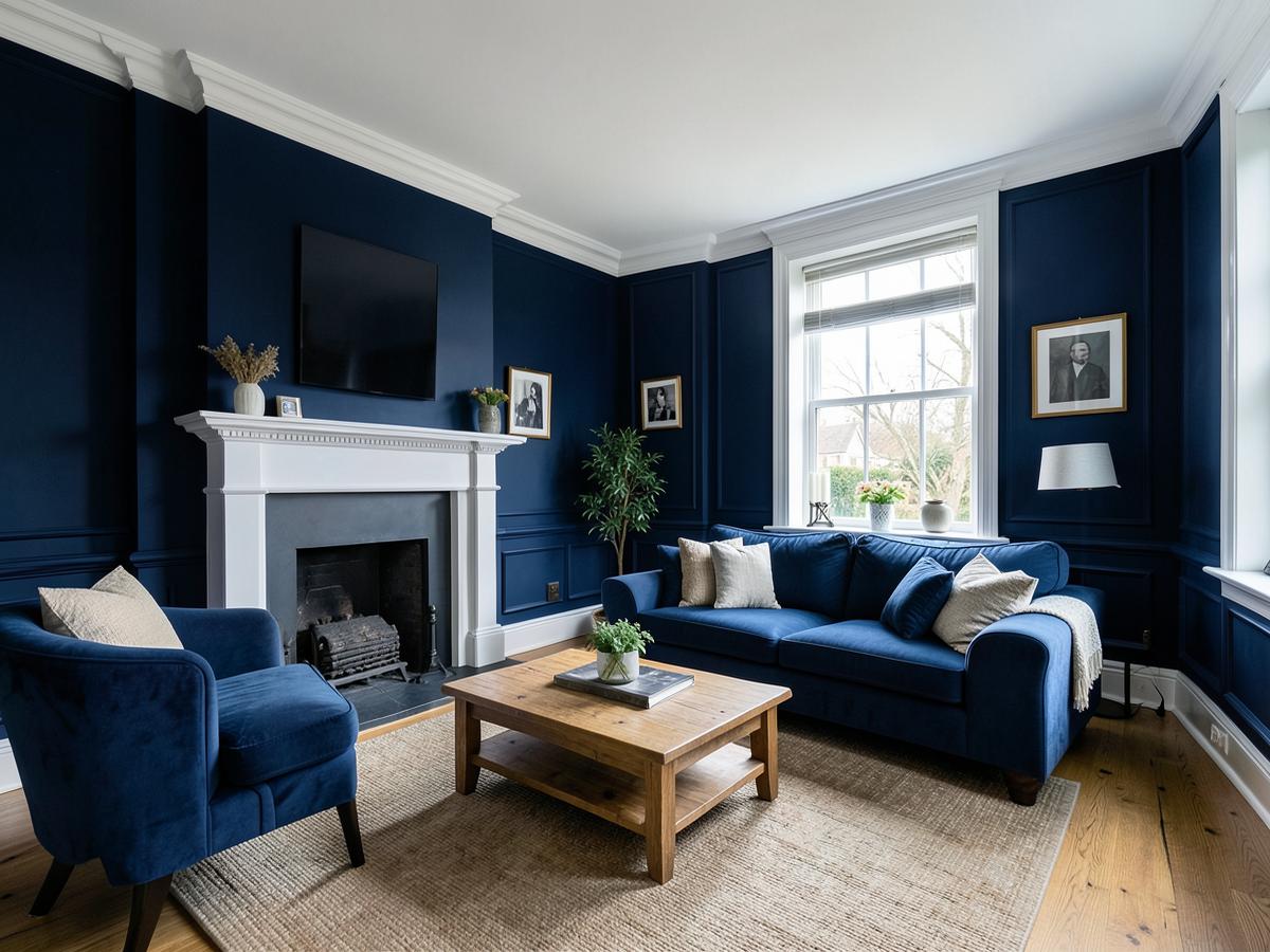 A finished living room painted deep navy