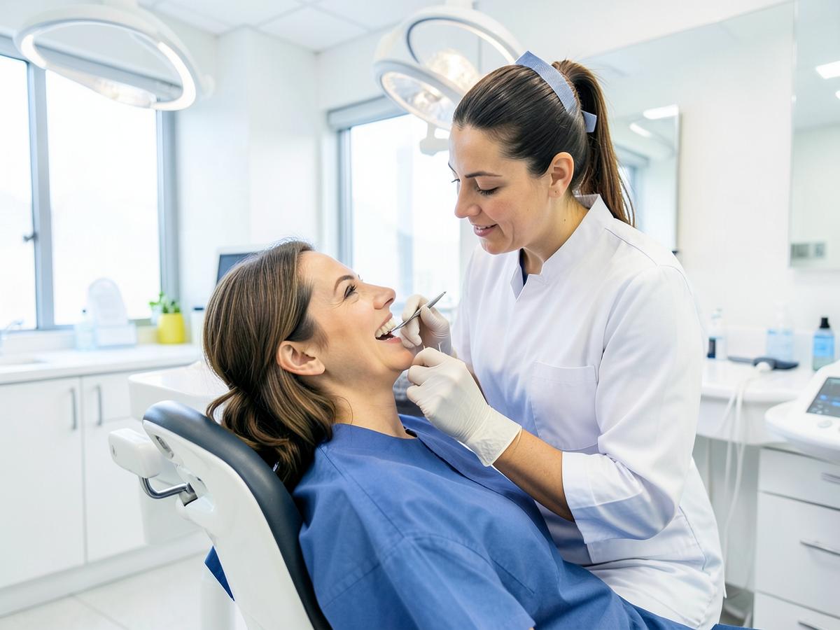 Dentist examining a patient's teeth in a bright clinic