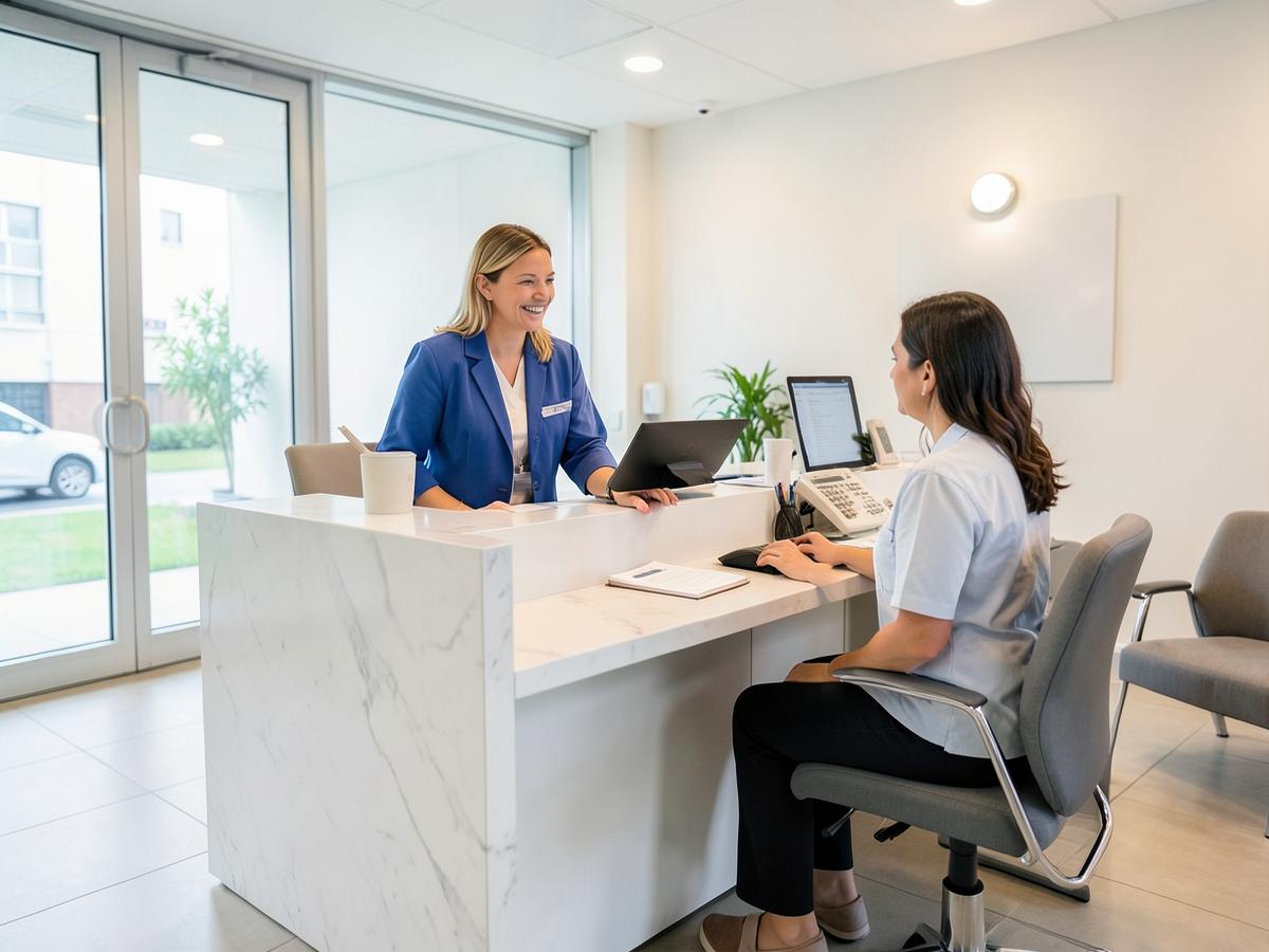 Receptionist welcoming a patient at a dental practice desk