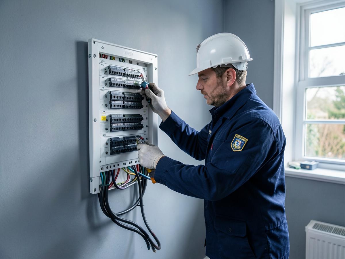 Electrician installing a consumer unit fuse board