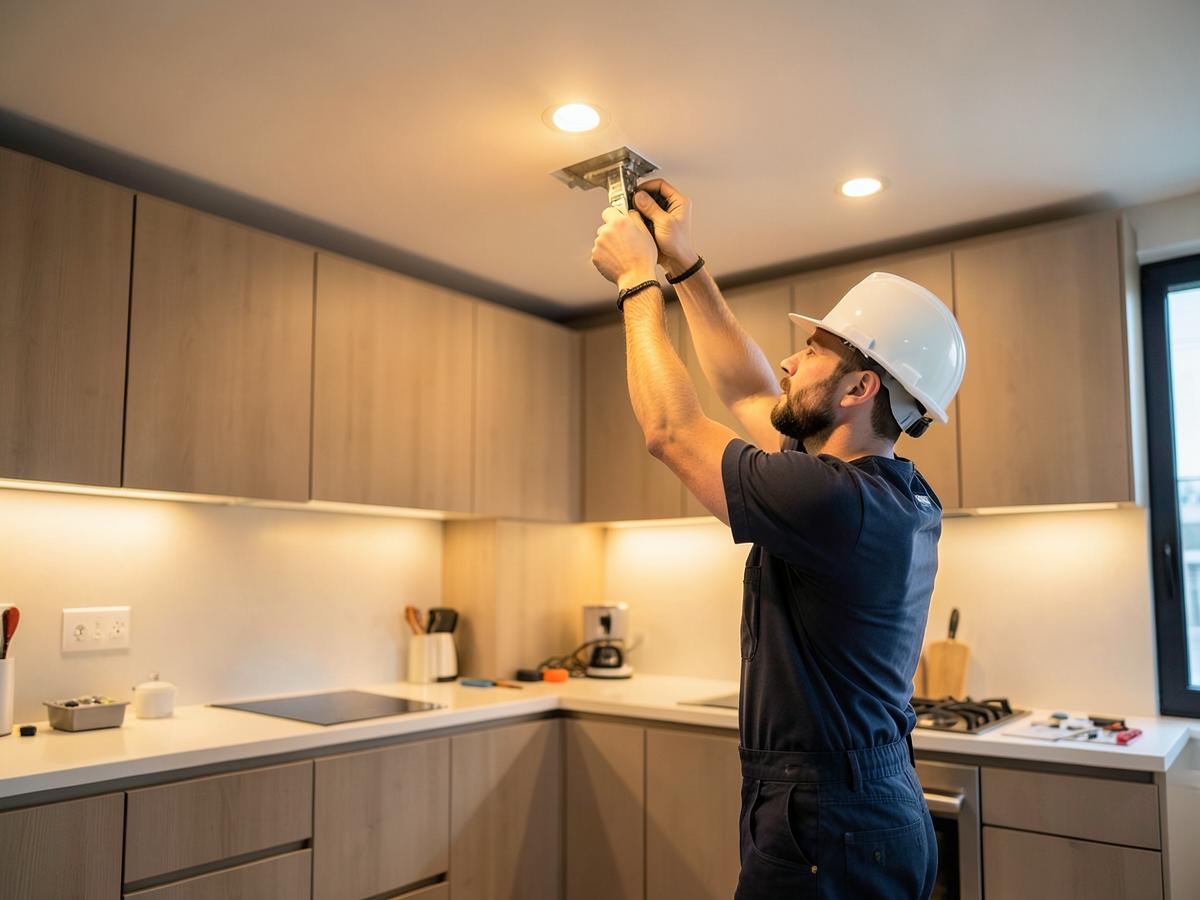 Electrician fitting recessed LED spotlights in a kitchen