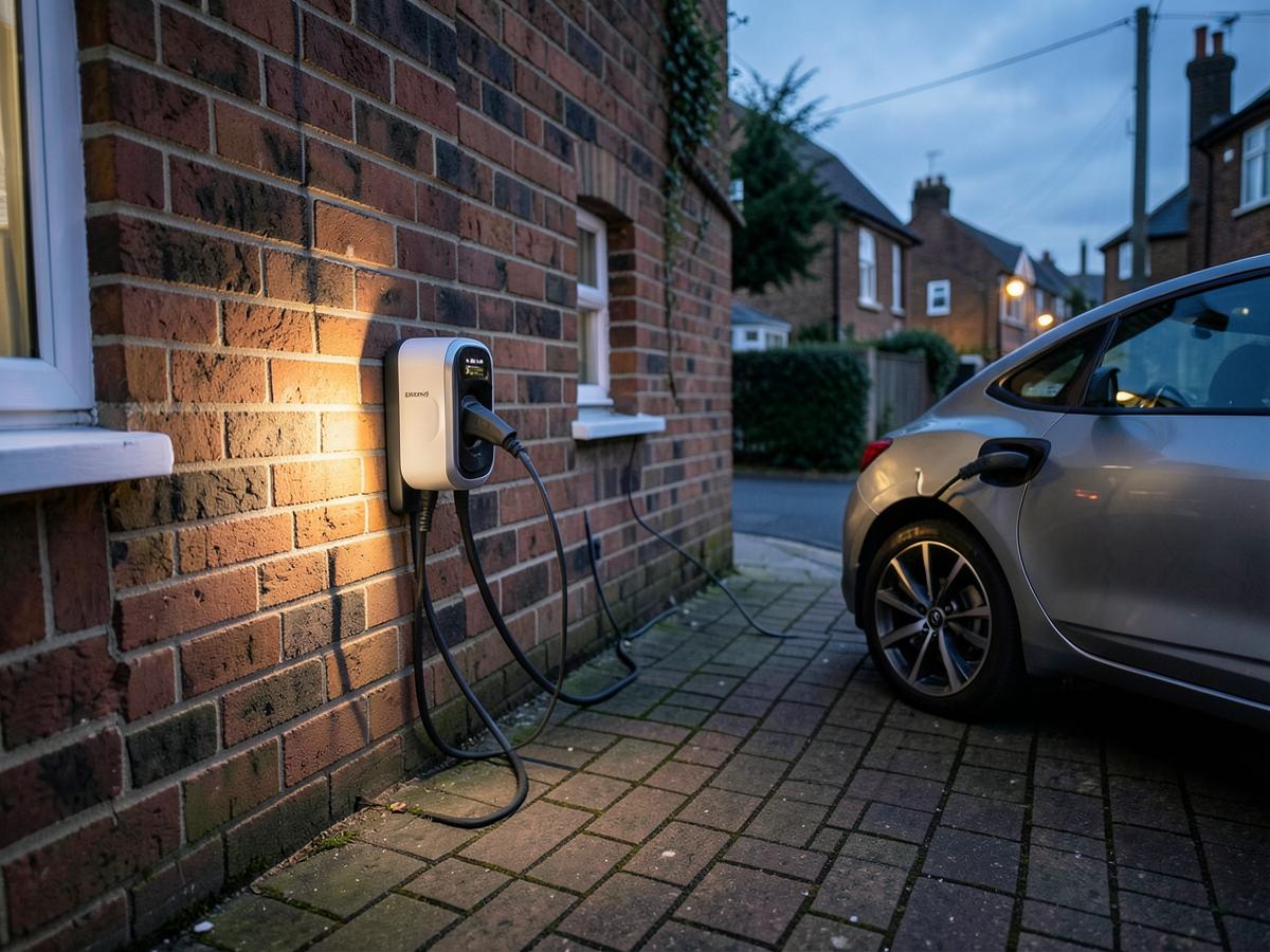 A home EV charge point on a brick driveway