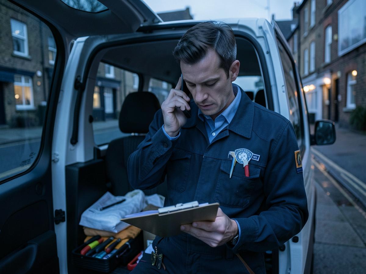 A tradesperson answering a customer call from the van
