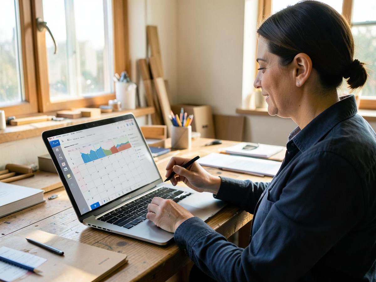 A business owner reviewing a calendar of bookings