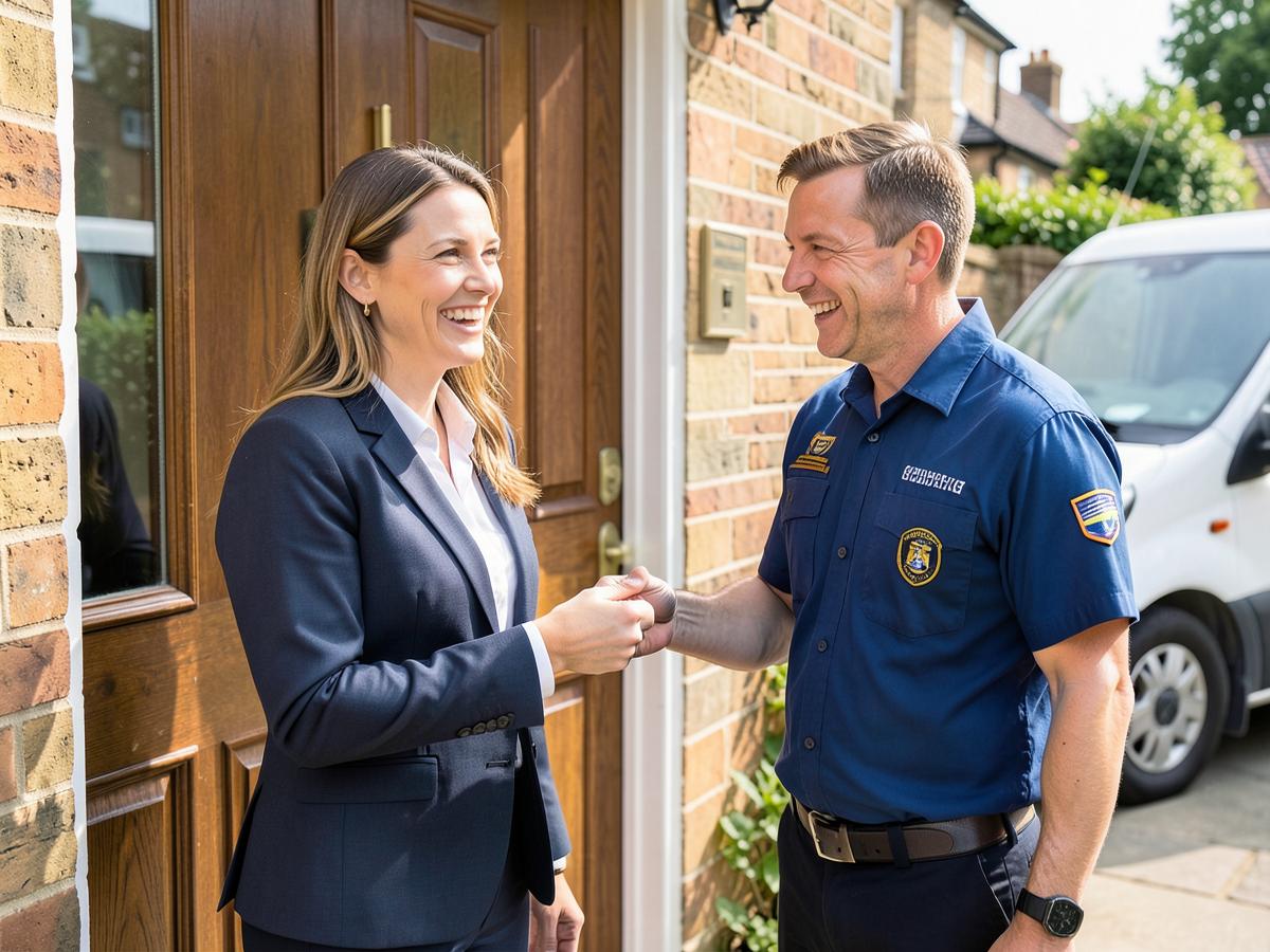 An engineer greeting a happy customer at the door