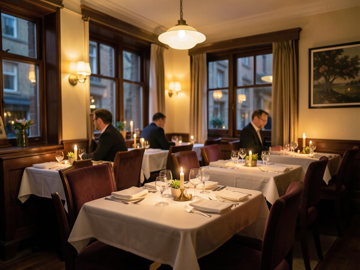 A warm restaurant dining room laid for service