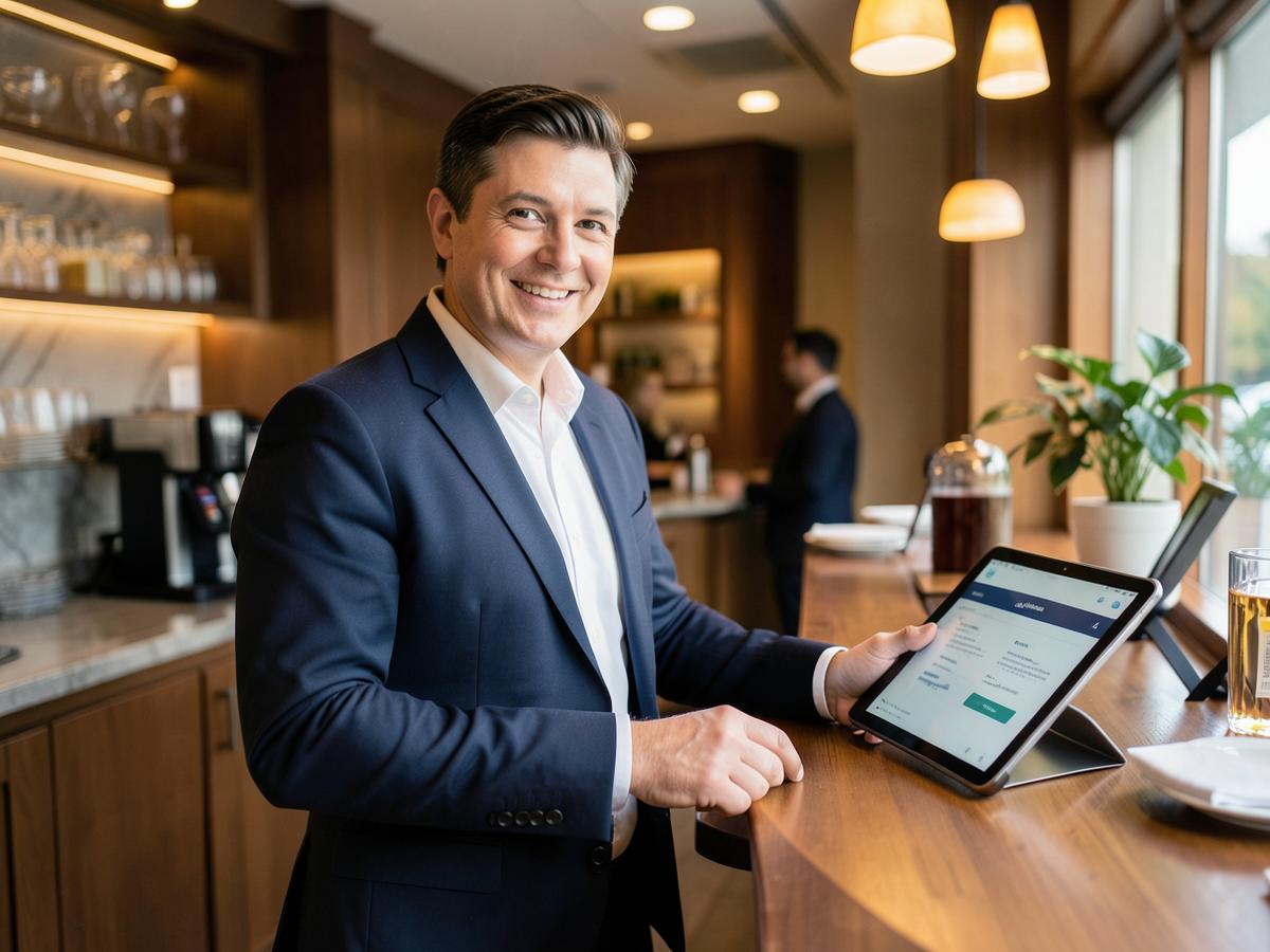 A host taking a booking at a restaurant desk