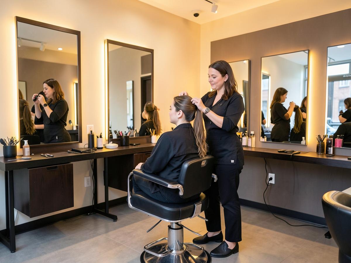 A stylist finishing a client's hair in a salon