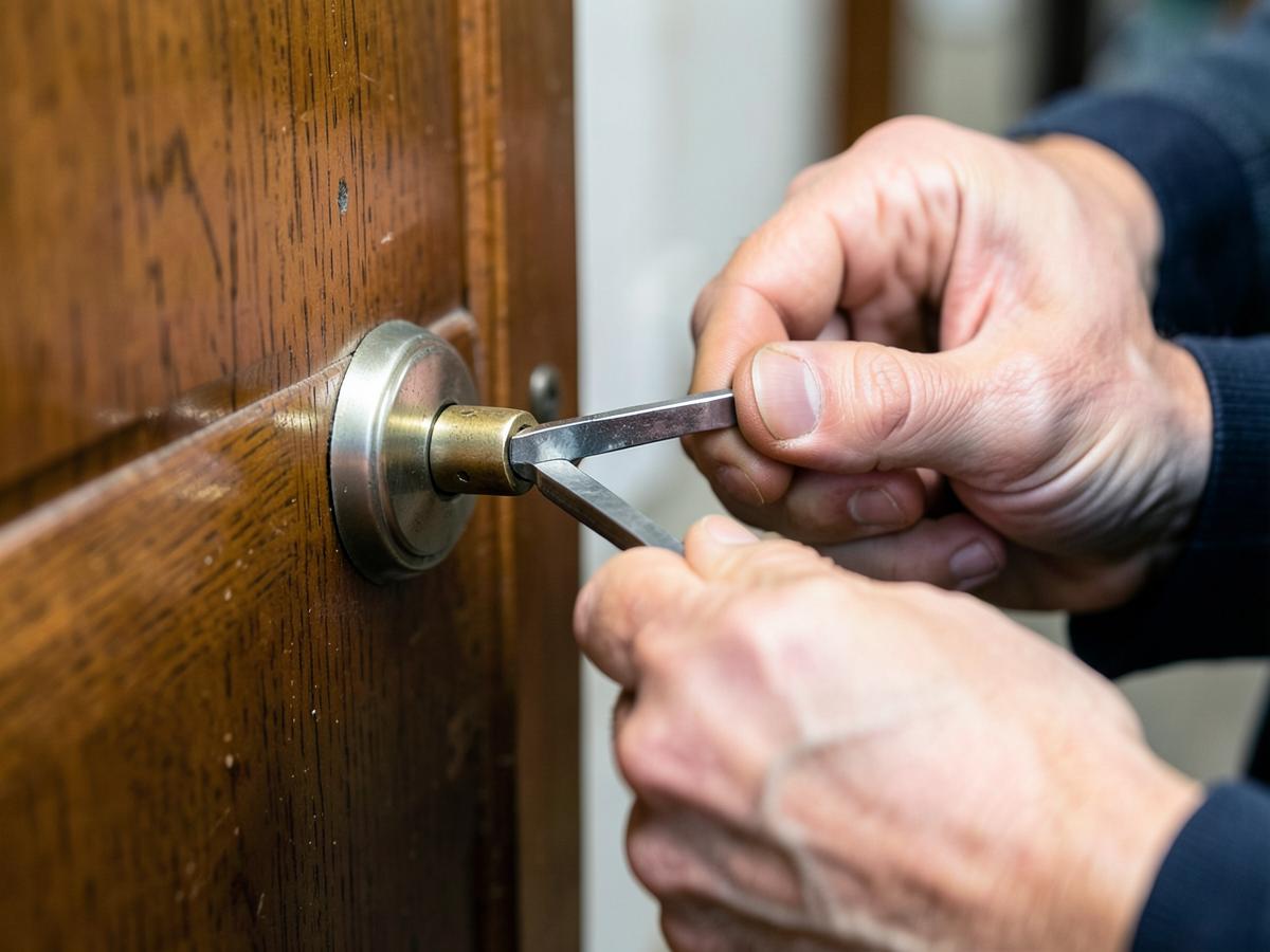 Locksmith picking a door lock with precision tools
