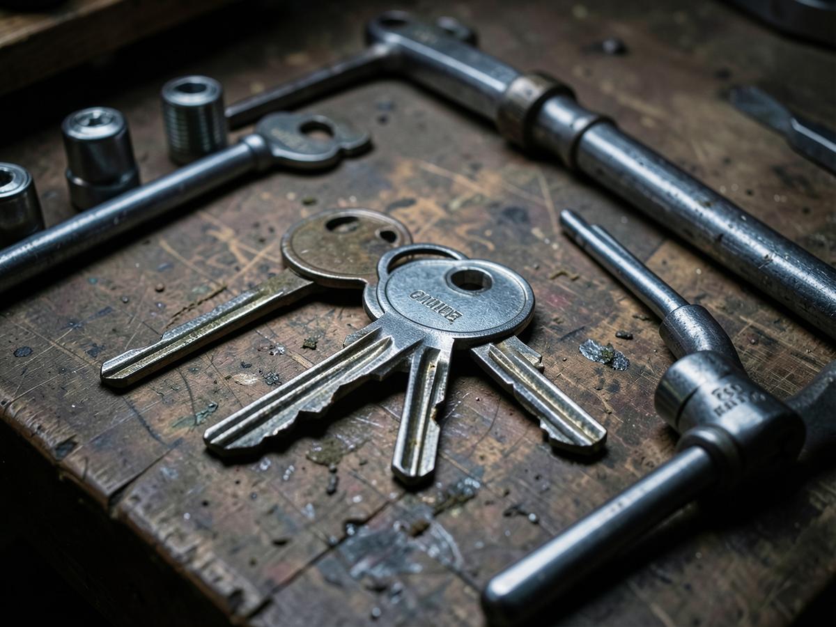 Freshly cut keys and security cylinders on a workbench