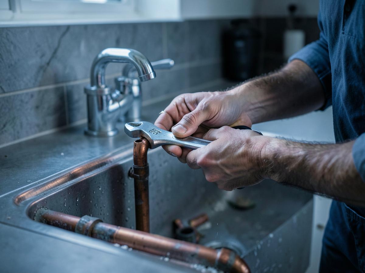 Plumber tightening copper pipework under a kitchen sink